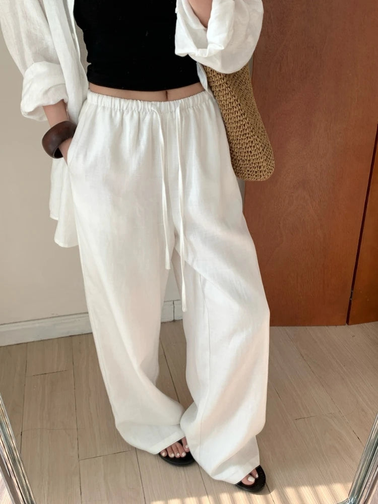 Slack Linen Wide-leg Pants Summer Loose Versatile Drawstring Straight White Casual Trousers Korean Fashion 2026
