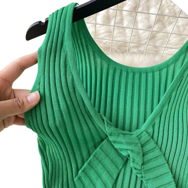 Green Twist Front Cutout Slit Midi Dress Women's Sleeveless Sundress V Neck Stretchy Ribbed Knit Party Clubwear Dress Outfits