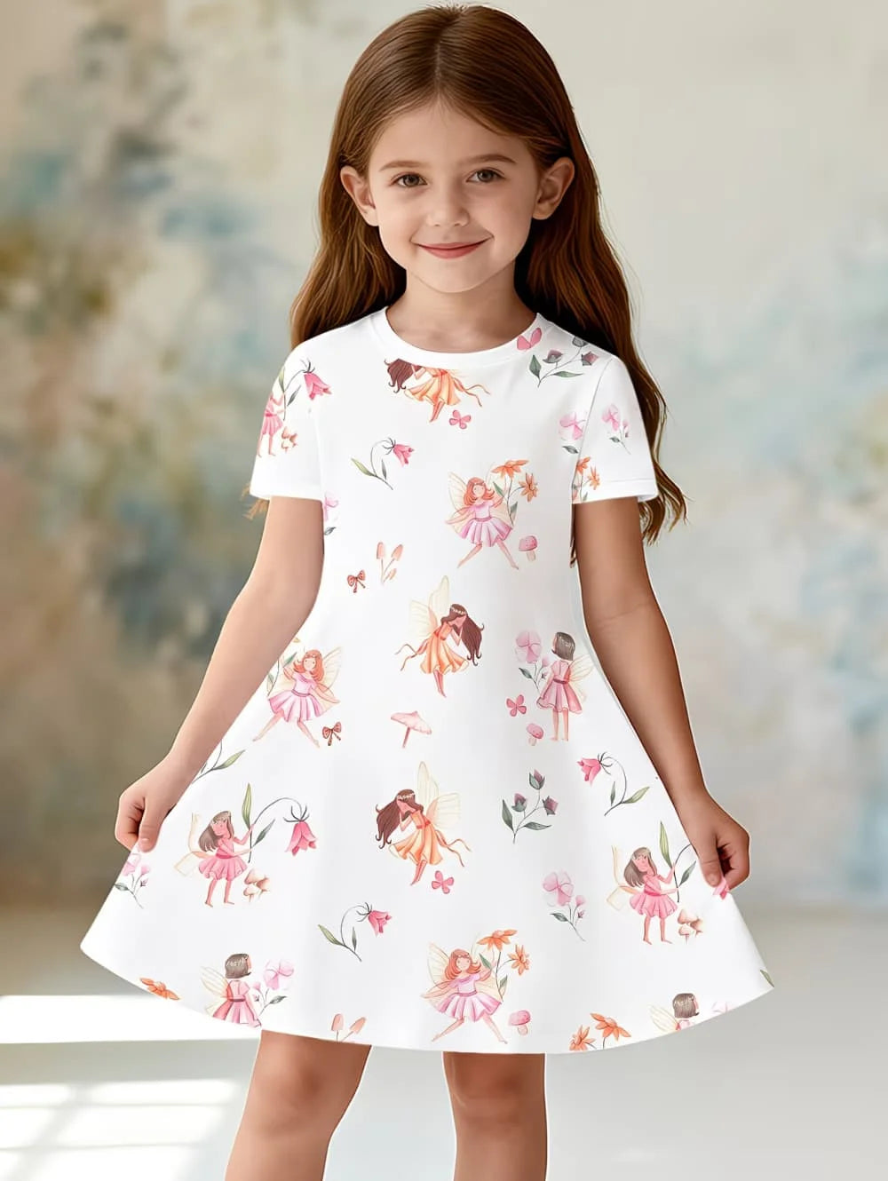Girl's Princess Cartoon Print Dress Summer Casual Round Neck Short Sleeve Dress Outdoor Wear Elegant Party Dresses Girl Clothes