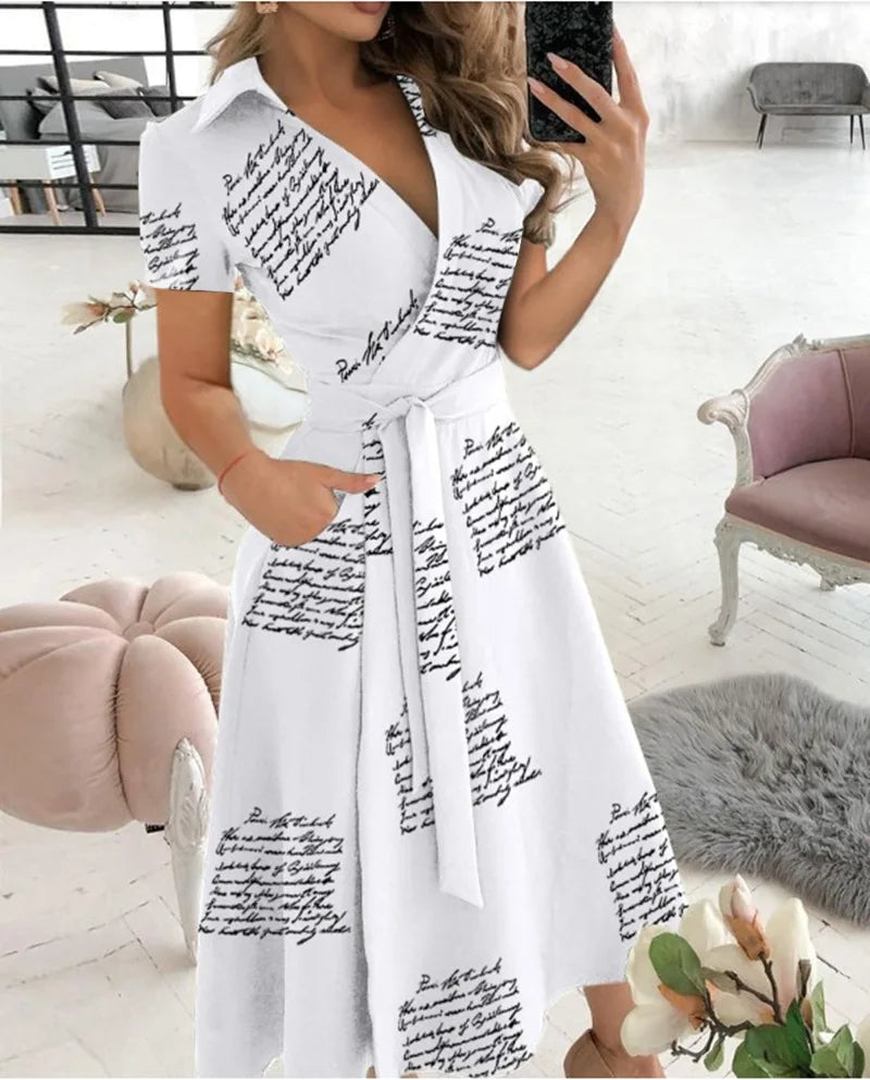 Women's Short Sleeve Wrap Dress V Neck Midi Dress With Self Tie Belt And Side Pockets For Casual Party Evening Wear