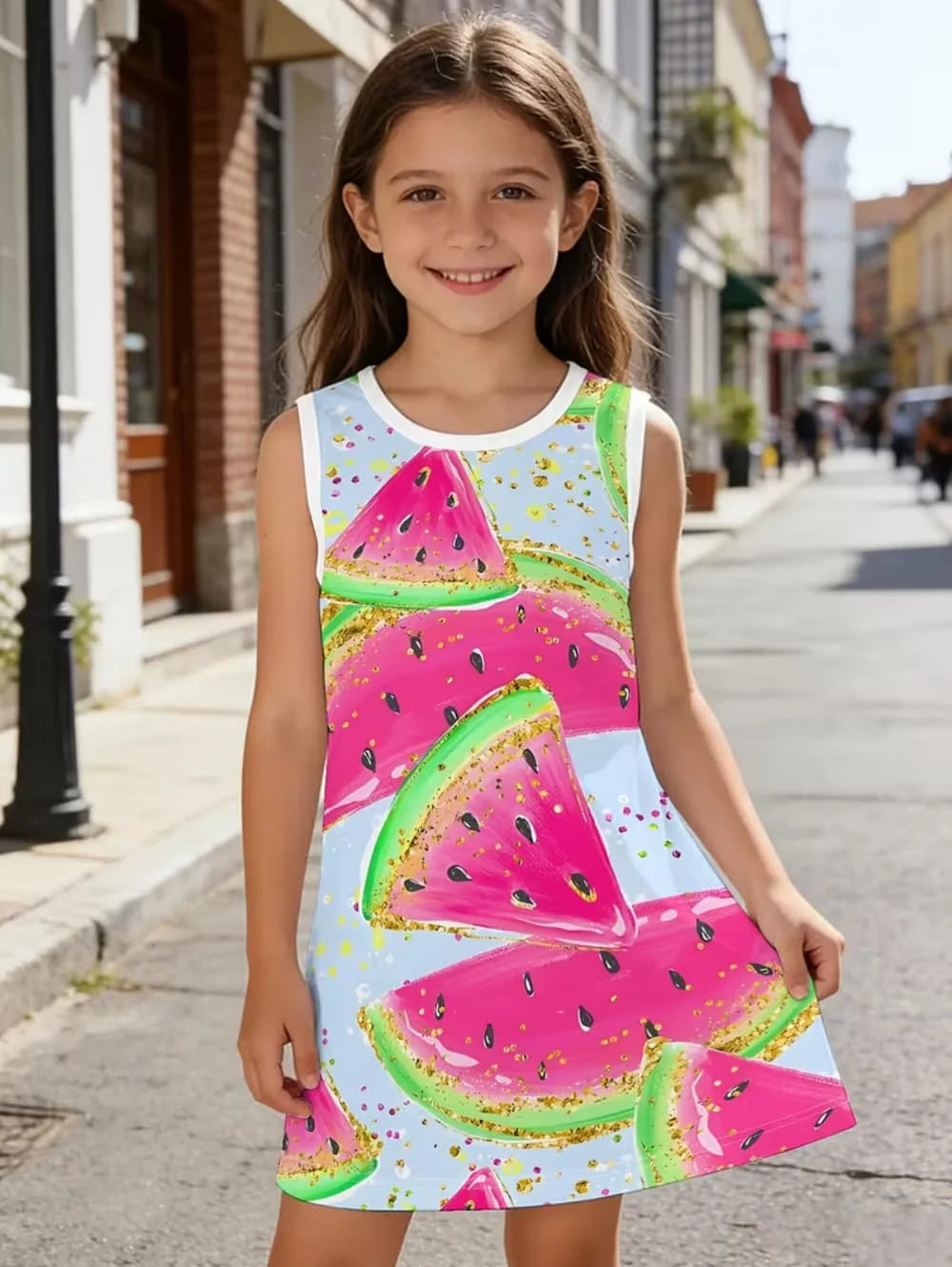 Summer Beach Vibes Pattern Girls' Vibrant Fashion Digital Print Sleeveless Camisole Dress Holiday Vacation Beach Girl Vest Dress