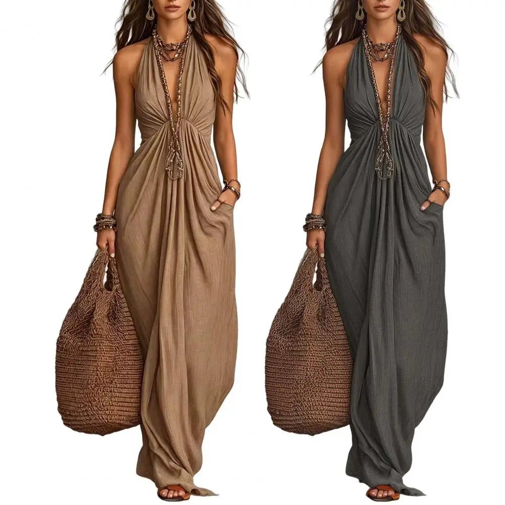 Women Dress with Hidden Side Pockets, Deep V Neck Sleeveless Beach Sundress, Summer Flowy Maxi Dress with Pockets