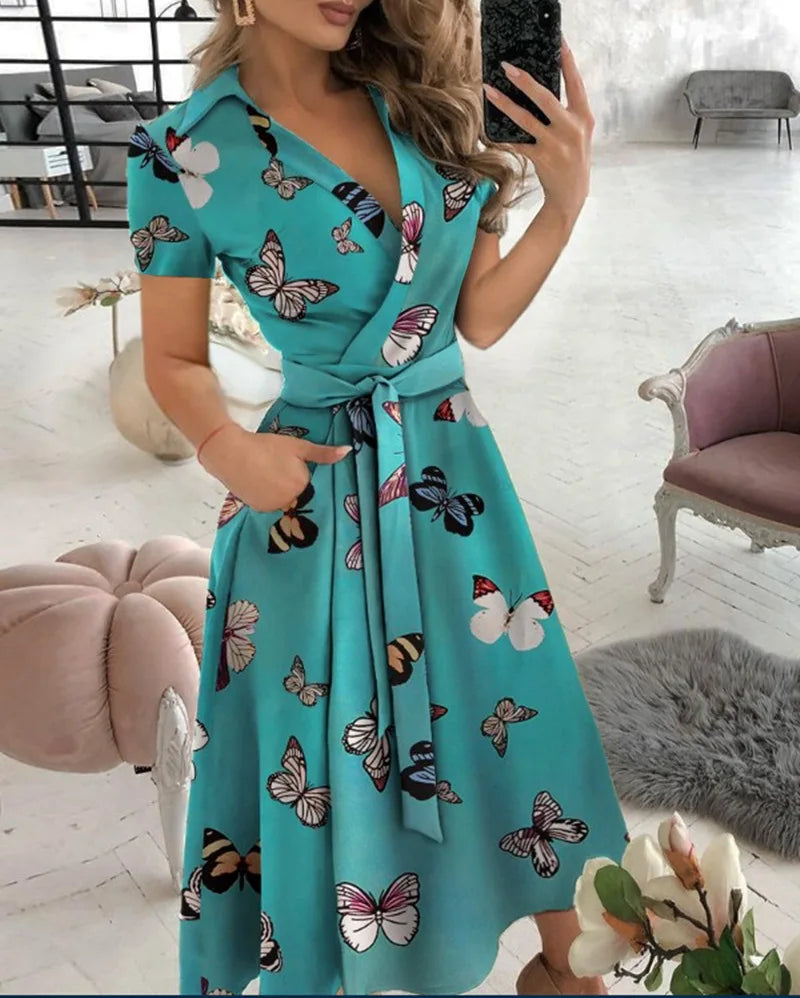 Women's Short Sleeve Wrap Dress V Neck Midi Dress With Self Tie Belt And Side Pockets For Casual Party Evening Wear