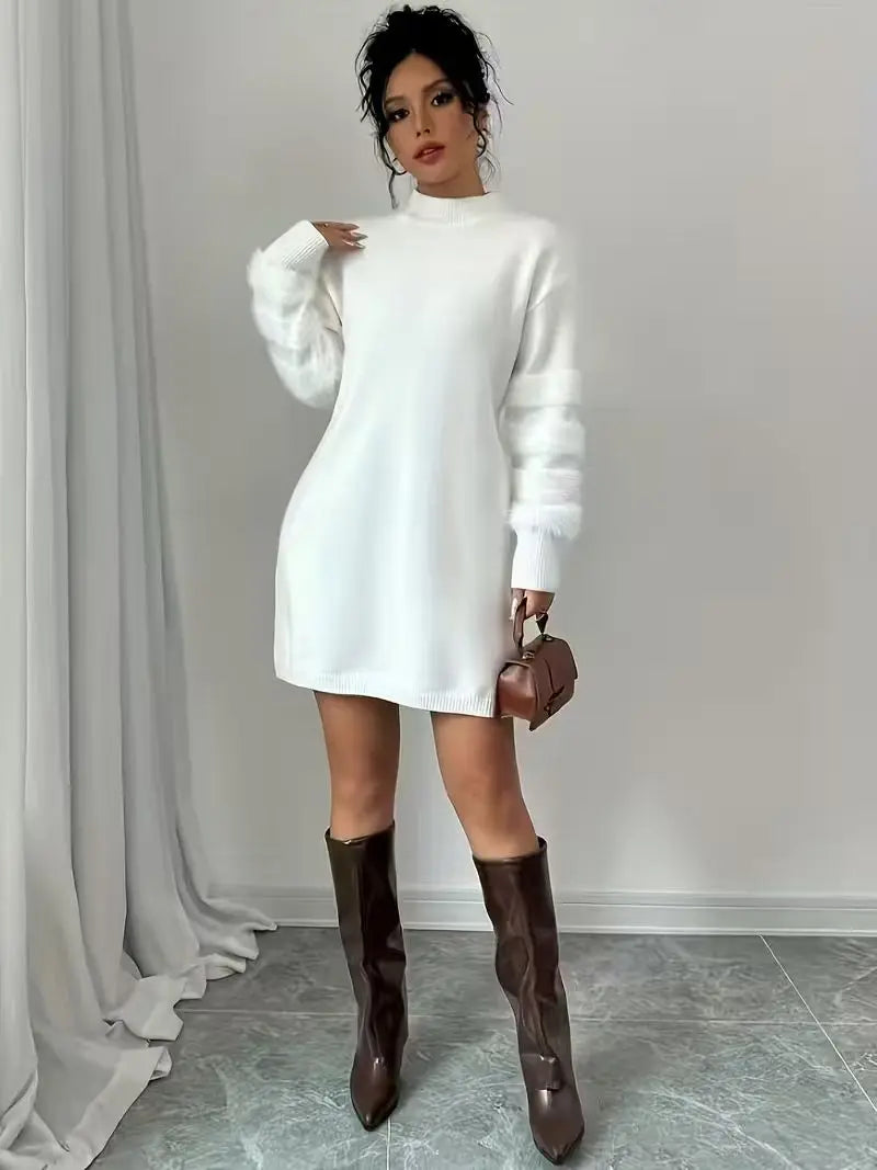 Women's Casual Solid-Color Stand-Collar Loose-Fit Knit Patchwork Dress, Belt Not Included, Fall/Winter Women's Apparel
