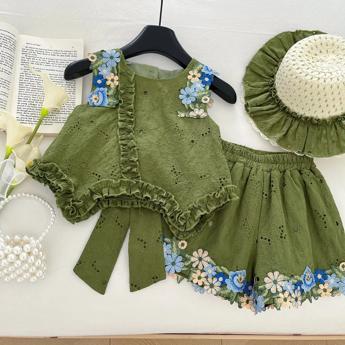 2025 Summer New Style Baby Girls' Suit Flower Big Bow Sleeveless Top Fashion and Beautiful Kids Green Two-piece Set