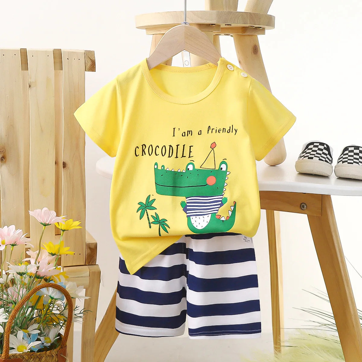 1 Sets Pure Cotton Kids Cartoon Clothing Summer Baby Fashion Short Sleeve Suits Boys Girls T-Shirts+Shorts Children Outfits