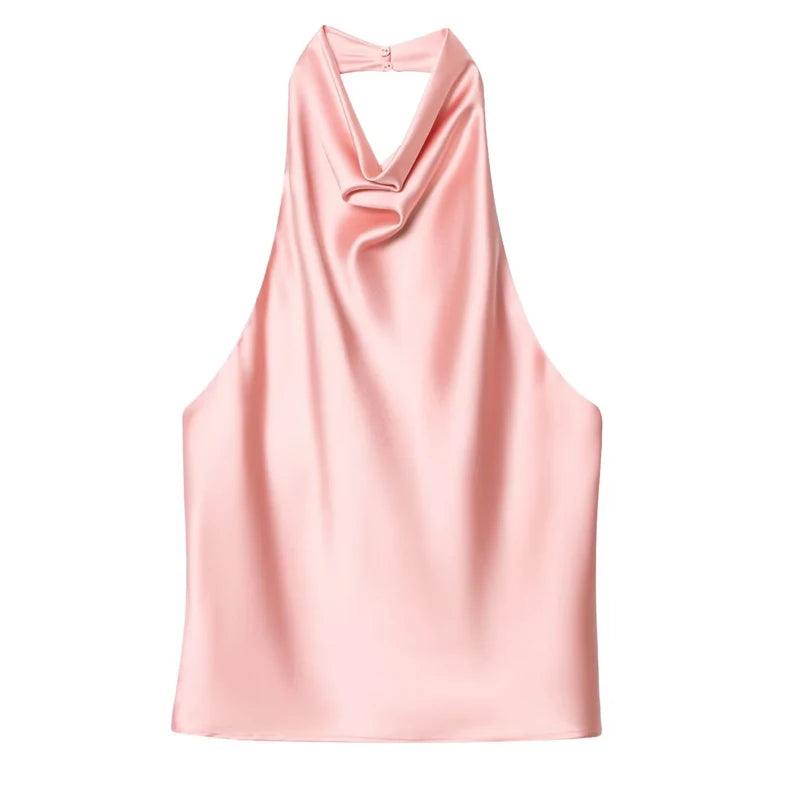 HXAO Halter Neck Women's Top Off Shoulder Satin Crop Top Women Summer Sexy Backless Tank Party Tops Y2K Aesthetic Camisole