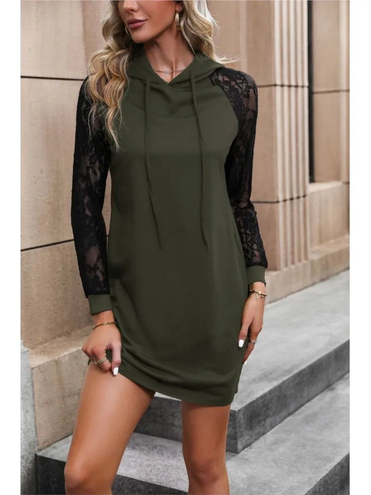 Women's Fashionable Casual Hooded Sweatshirt Dress 2026 Autumn And Winter New Pure Black Short Medium And Long A-line Skirt