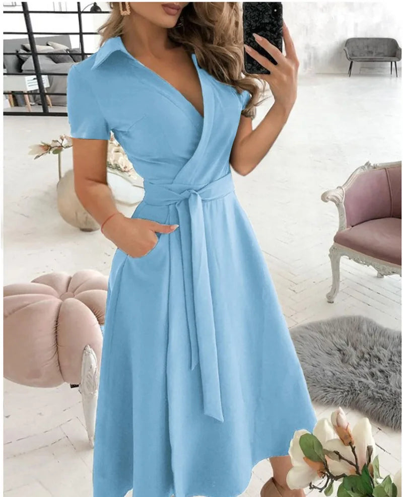 Women's Short Sleeve Wrap Dress V Neck Midi Dress With Self Tie Belt And Side Pockets For Casual Party Evening Wear