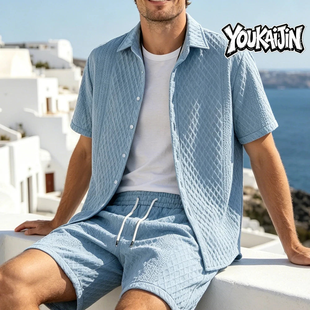 Summer New Men's Casual White Sportswear Shirt with A Lapel Men's Short-sleeved Button Shirt and Shorts Jacquard Texture Suit