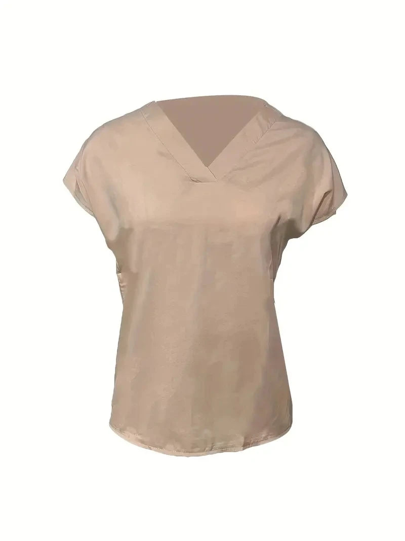 Elegant Solid V Neck Blouse, Short Sleeve Blouse For Spring & Summer, Women's Clothing