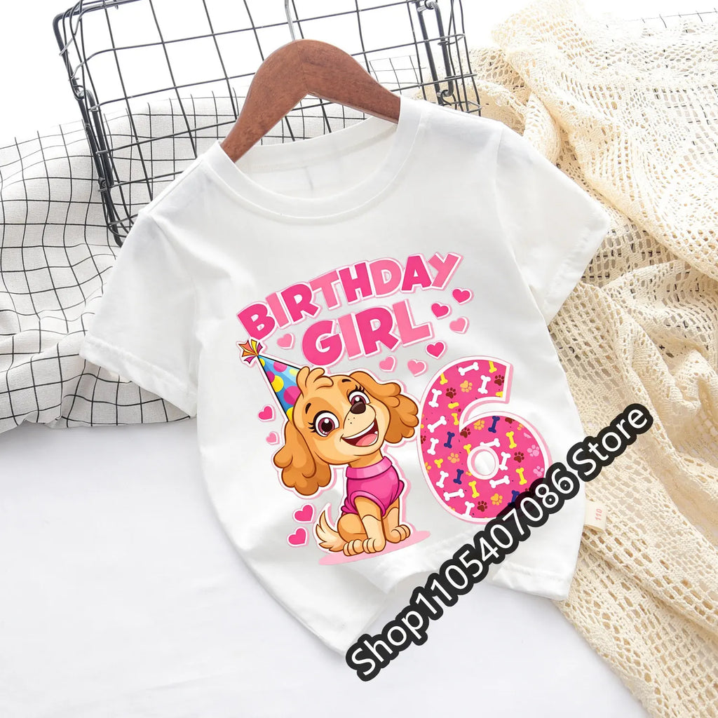 Paw Patrol Skye T-shirt Children Birthday Number Tee Top Girls Pink Clothes Cartoon Anime Short Sleeve Kids Loose Clothing Gift