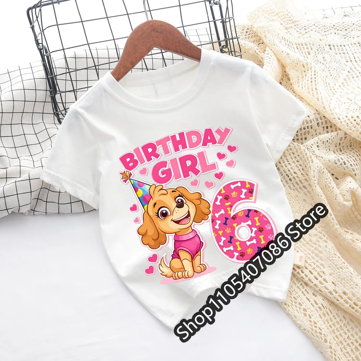 Paw Patrol Skye T-shirt Children Birthday Number Tee Top Girls Pink Clothes Cartoon Anime Short Sleeve Kids Loose Clothing Gift