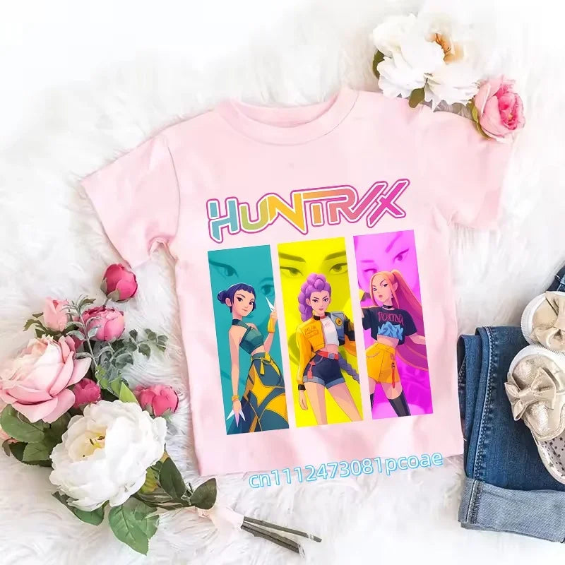 2026 Children's K-pop Demon Hunters T-shirt, a clothing item featuring anime cartoon patterns, a girls' casual top, gift options