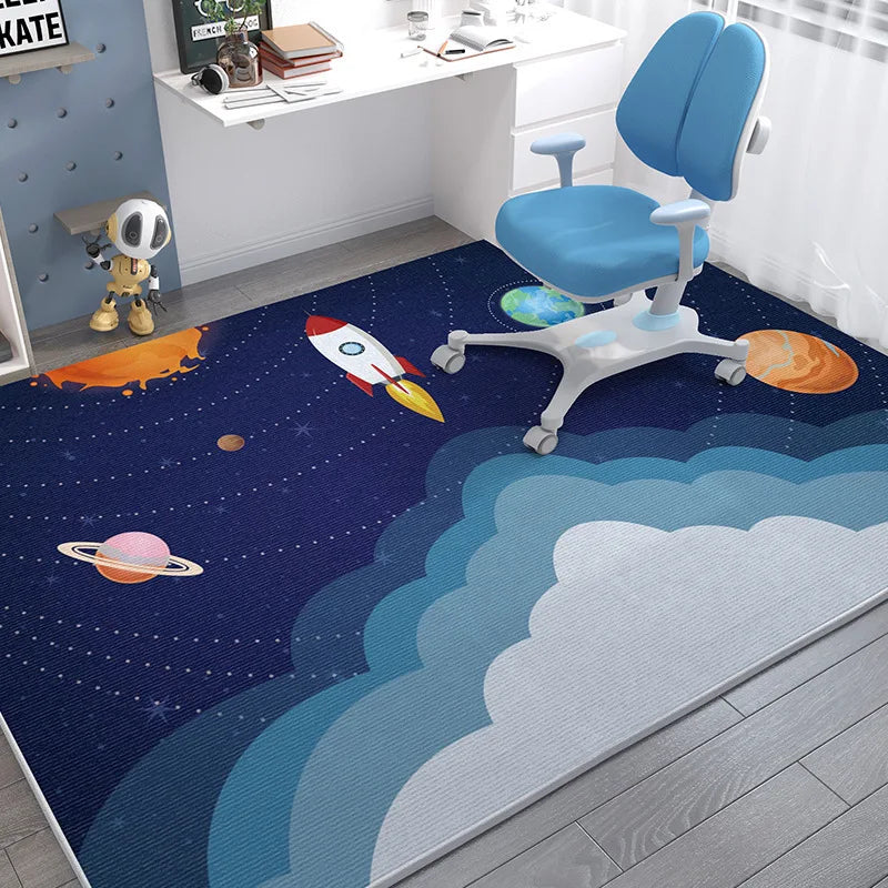 Kids Space Carpet Mat Rug Rocket Astronaut Planets Stars Pattern Soft Floor Mat for Children's Study Room Home Decoration