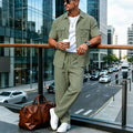 2026 Men's Casual Linen Textured Short Sleeve Shirt & Pants 2 Piece Set Streetwear Outfit