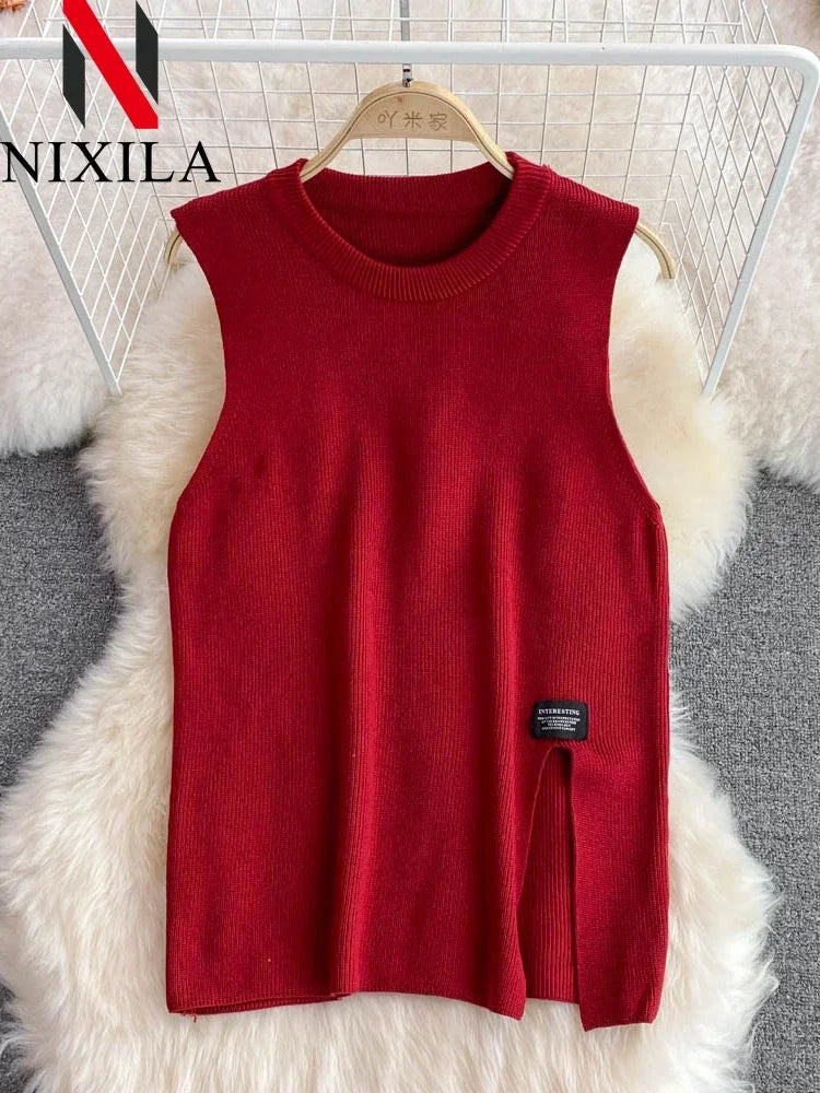 Women's Chic Age-Reducing 2-Piece Set Long Sleeve White Shirt Sweater Loose Fit Knit Vest Pullover Spring Autumn Fashion