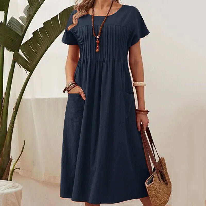 Women's Summer Dress New Pleated Front Loose A‑Line Dress Casual Daily Outdoor Vacation Ladies Long Dresses For Women Robe Femme