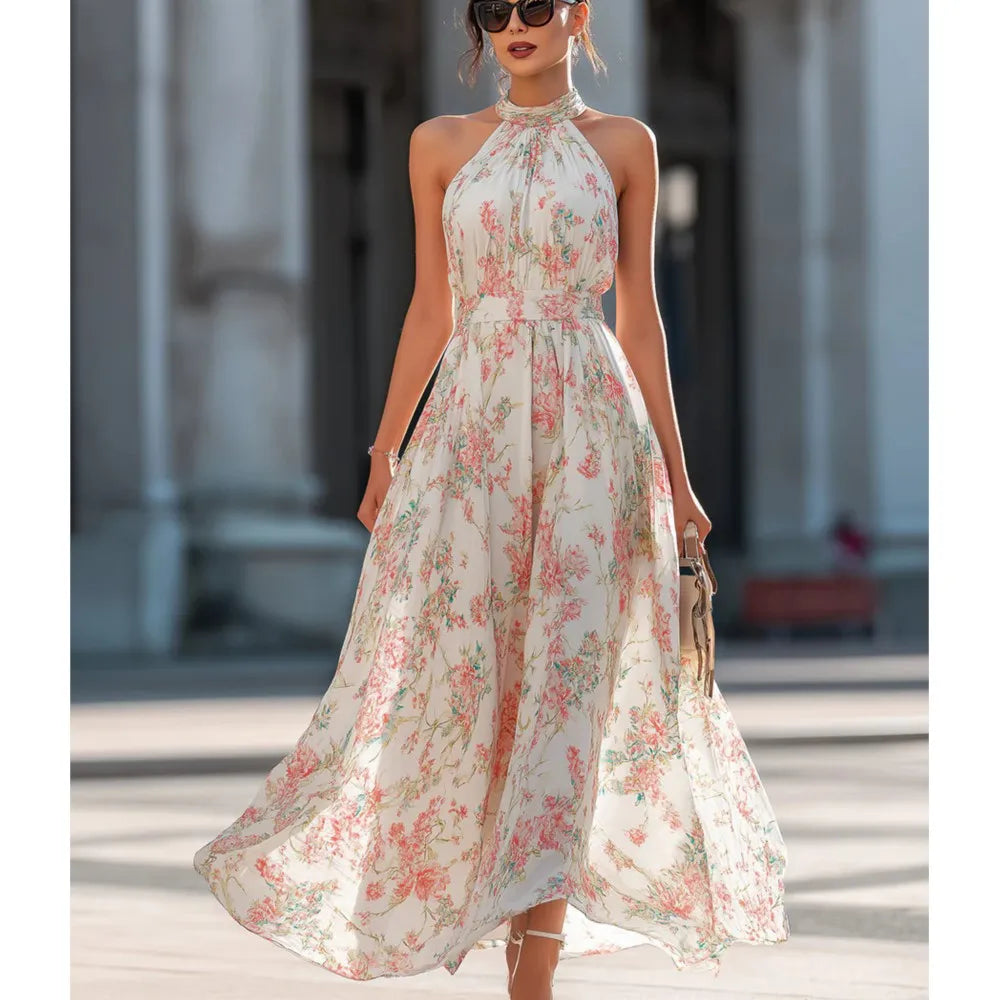Summer New Fashion Floral Sexy Halterneck Women's Dress Elegant Slim Temperament Big Swing Female Holiday Sleeveless Dress 2026