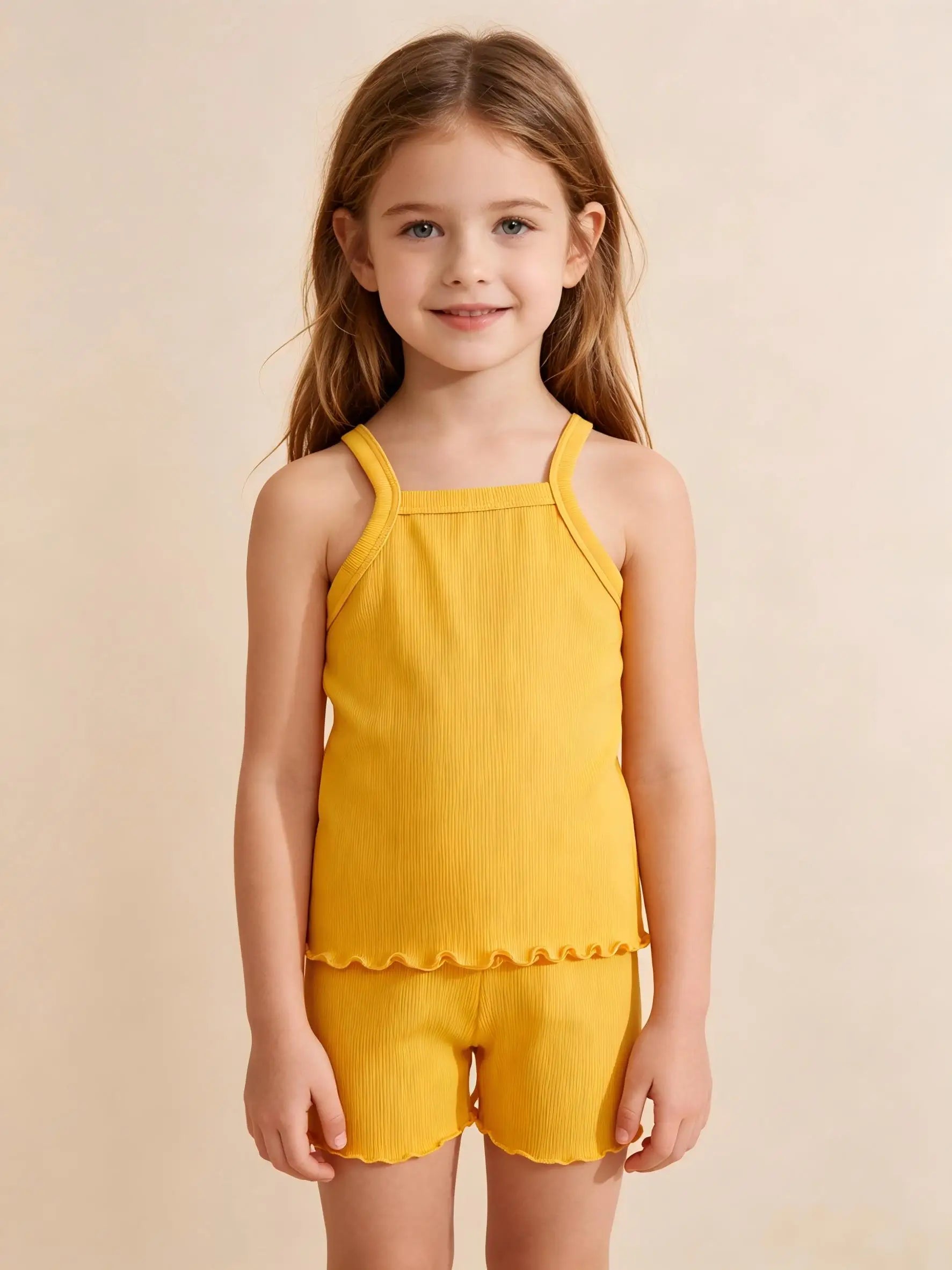 1Pc Kids Girls Solid Ribbed Singlet Thin Frill Edge Camisole Sleeveless Spaghetti Strap Breathable Underwear Home Top For 2-10Y