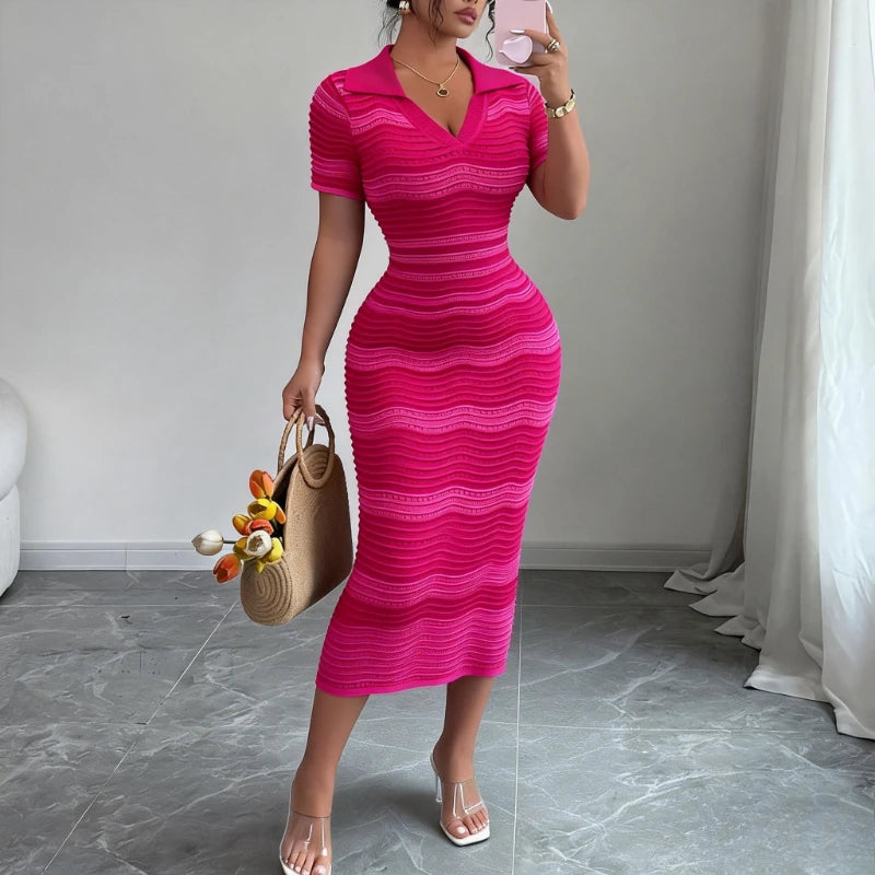 Women's Wavy Striped V-Neck Short Sleeve Elastic Sundress Ribbed Knit Bodycon Long Dress Crochet Hollow Out Summer Party Dress