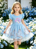 Light Blue Crown Cloud Unicorn Flutter Sleeve Dress for Girls, Star Tulle Puffy Princess Dress