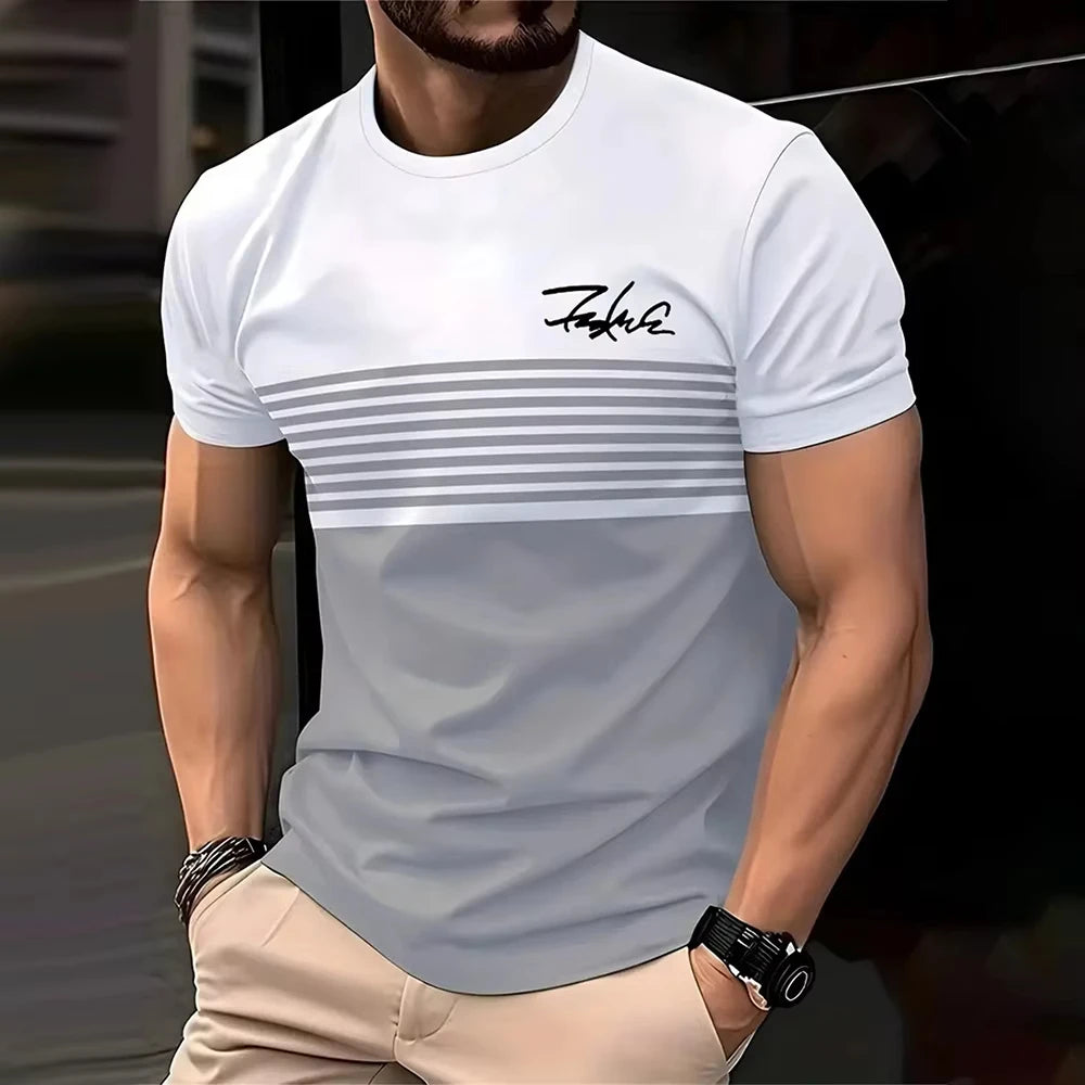 Fashion Stripe Print T Shirt For Men Summer Simple Style Short Sleeve Tops Casual Round Neck Oversized T-shirt High Quality Tees