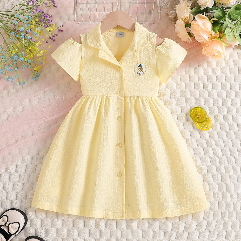 Girls Summer Dress 100% Cotton 2-8Y Cold Shoulder Short Sleeve Pineapple Embroidery Button Up Casual A-Line Sundress