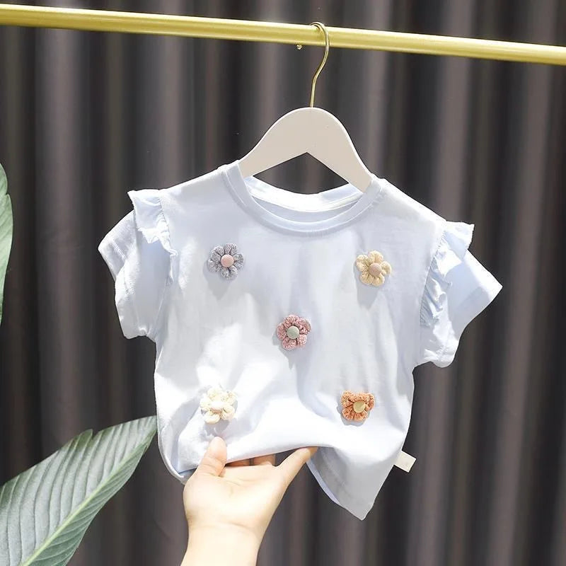 Children Summer Clothes Baby Girl Tops Short Sleeve Round Neck T-Shirt Breathable Cute Design Sweet 3D Flowers Trendy T-shirt