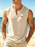 Mens Cotton Linen Henley Sleeveless Tank Top GK Print Breathable Casual Summer Beach Vest 2632
