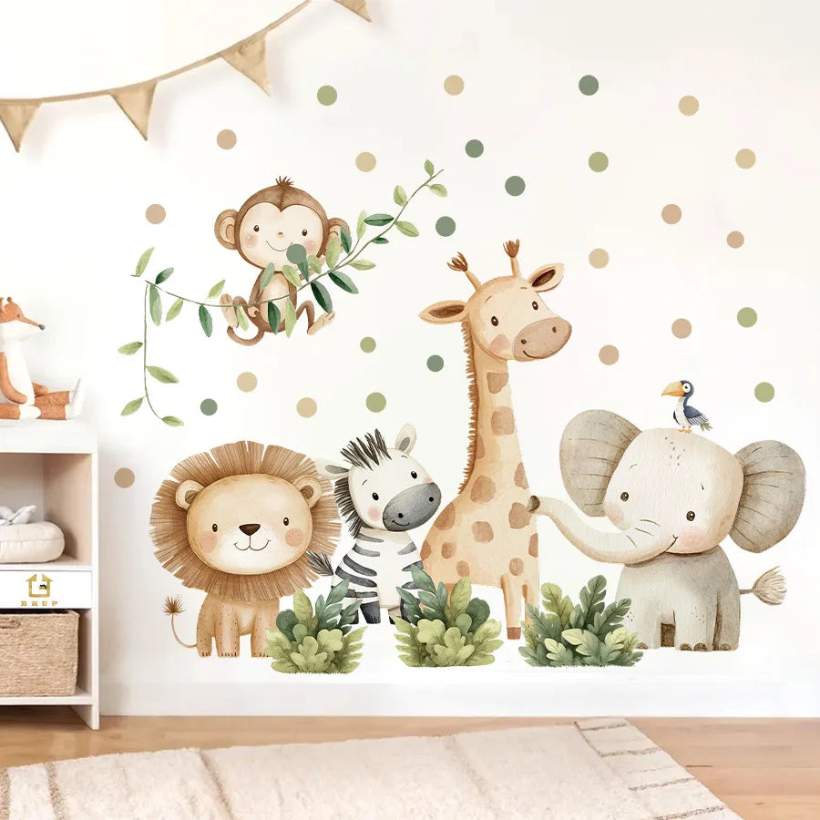 Cute Forest Animals Wall Stickers for Kids Rooms Children Boys Girls Baby Room Decoration Nursery Wallpaper Vinyl Elephant Lion