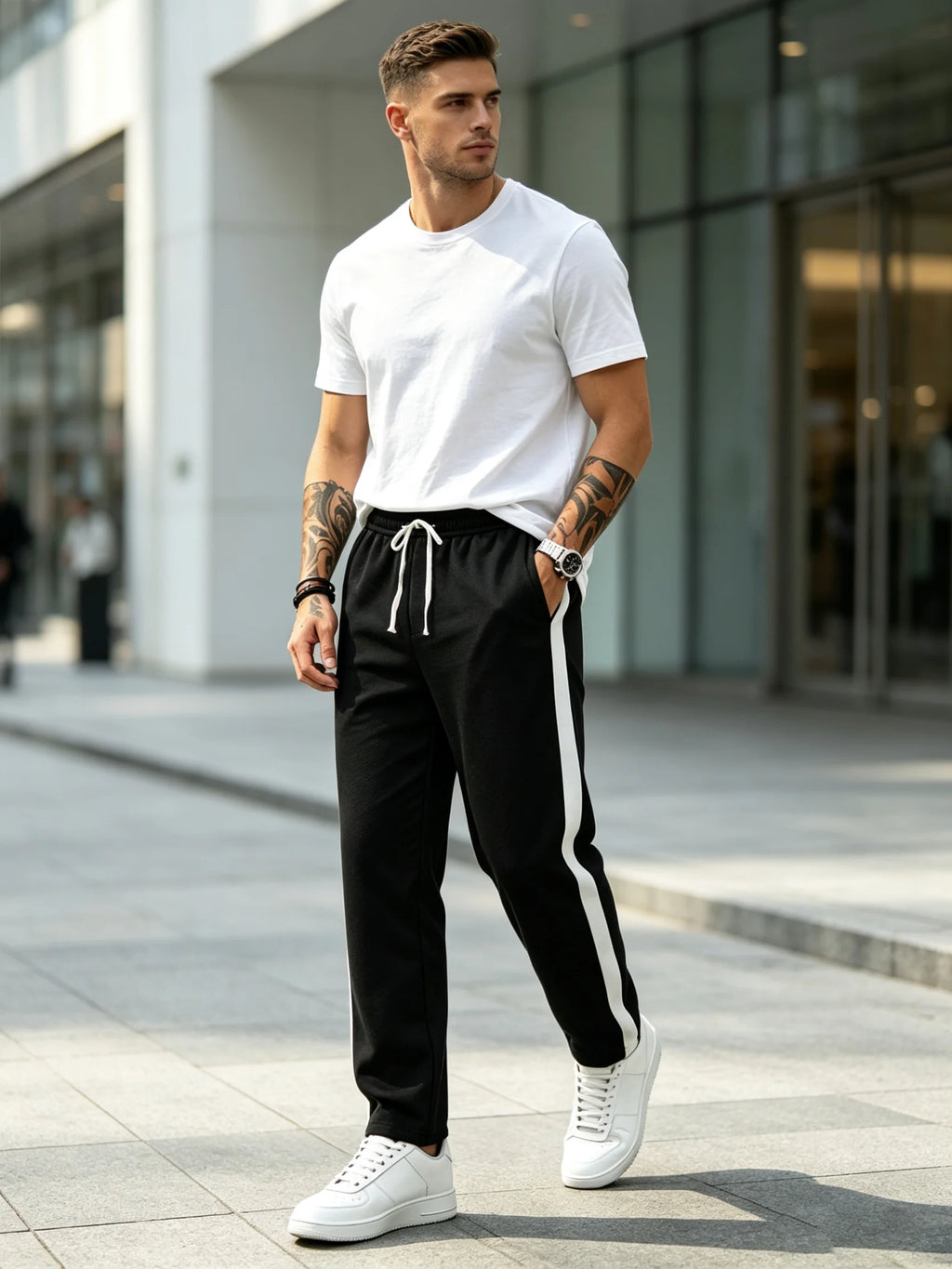 Men's Sweatpants & Joggers: Side Stripe Straight Pants w/ Elastic Waist & Pkt, Soft Loose Fit for Sports, Street & Daily Use