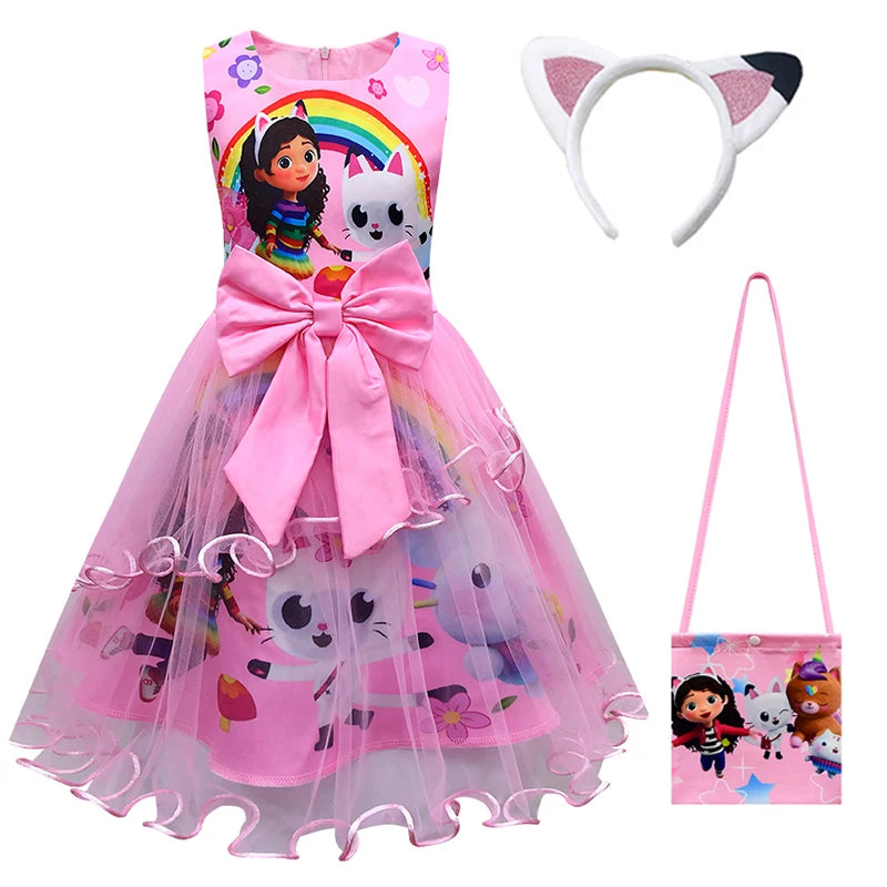 Gabby's Dollhouse Kids Summer Gabby Cats Dress Baby Girls Cute Lace Princess Dress Toddler Girls Birthday Party Dresses Headwear