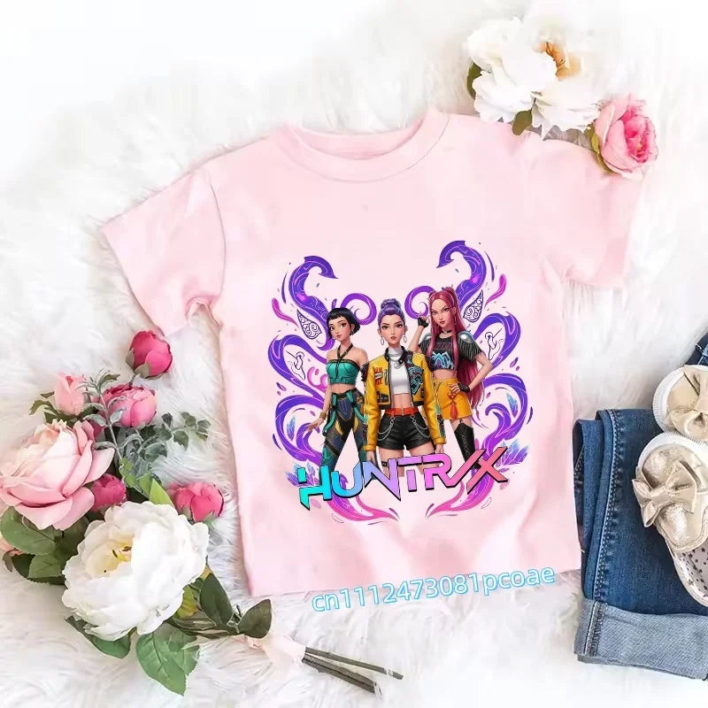 2026 Children's K-pop Demon Hunters T-shirt, a clothing item featuring anime cartoon patterns, a girls' casual top, gift options