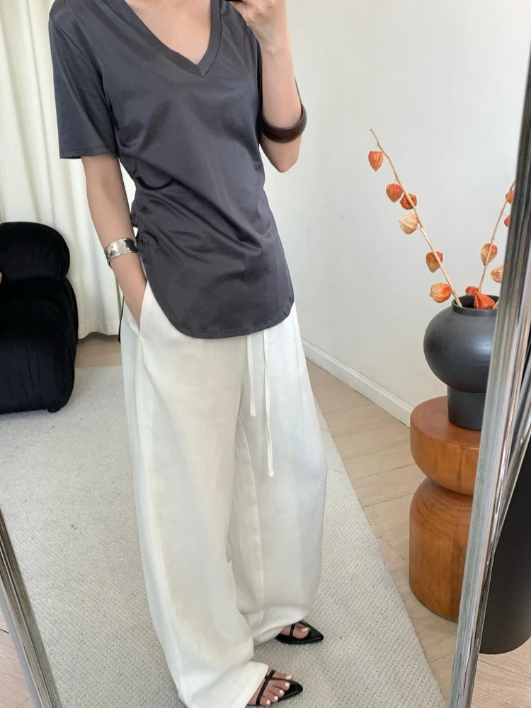 Slack Linen Wide-leg Pants Summer Loose Versatile Drawstring Straight White Casual Trousers Korean Fashion 2026