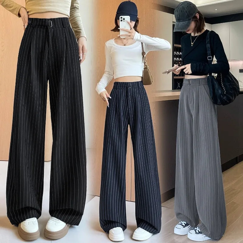 2025 New Autumn Vintage Striped Loose Women's Wide Leg Pant Button Spring High Waist Female Straight Office Full Length Trousers