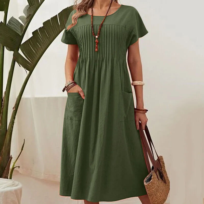 Women's Summer Dress New Pleated Front Loose A‑Line Dress Casual Daily Outdoor Vacation Ladies Long Dresses For Women Robe Femme