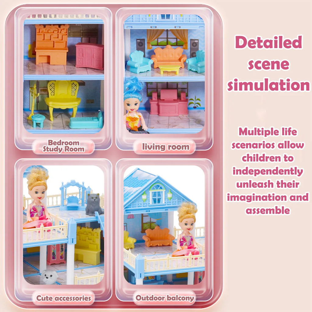 Girl Doll House Toy 3d Assembly Dollhouse Diy Mini Toy Accessories Villa Princess Pink Castle Children Pretend Birthday Gift