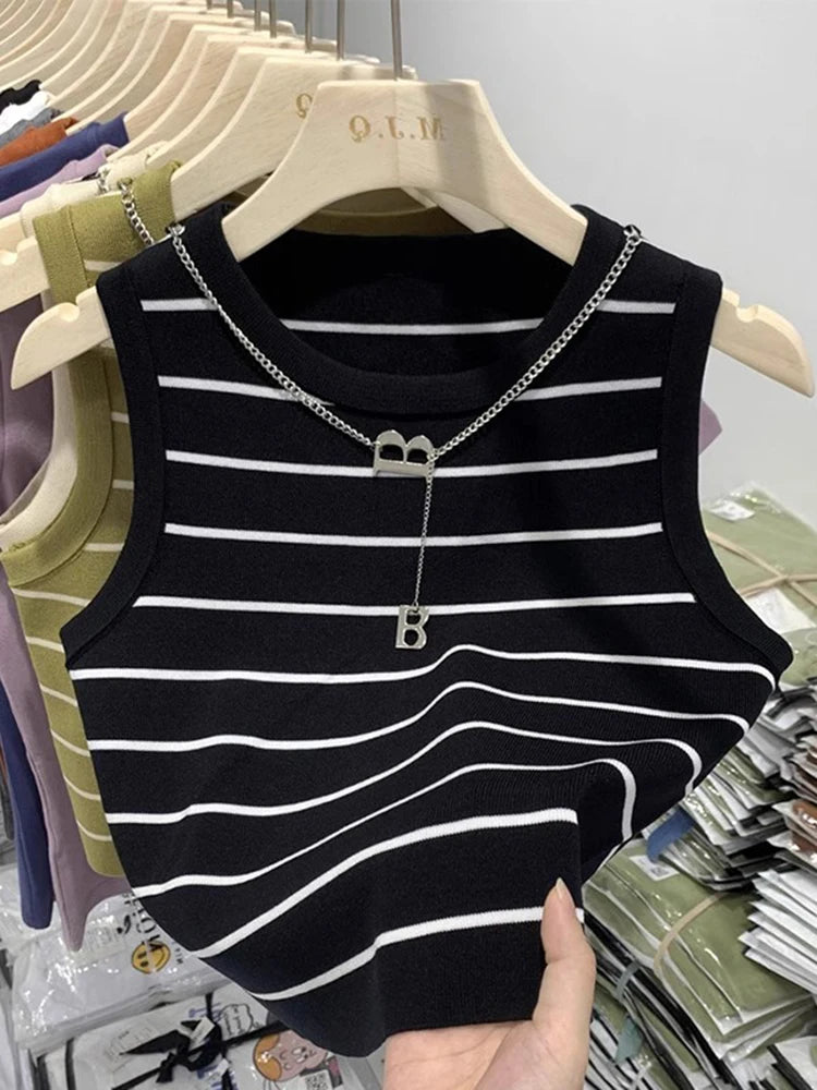 AOSSVIAO 2026 New Waistcoat Women Wear Striped Wide Edge Temperament Summer Top Short Knit Sleeveless Bottom Shirt
