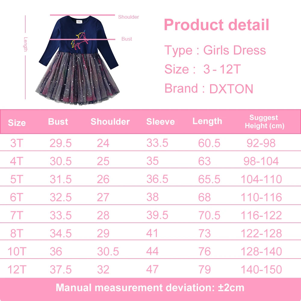 DXTON Autumn Kids Costume Embroidery Unicorn Long Sleeve Girls Dresses Mesh Star Blingbling Garden Play Children Casual Clothing