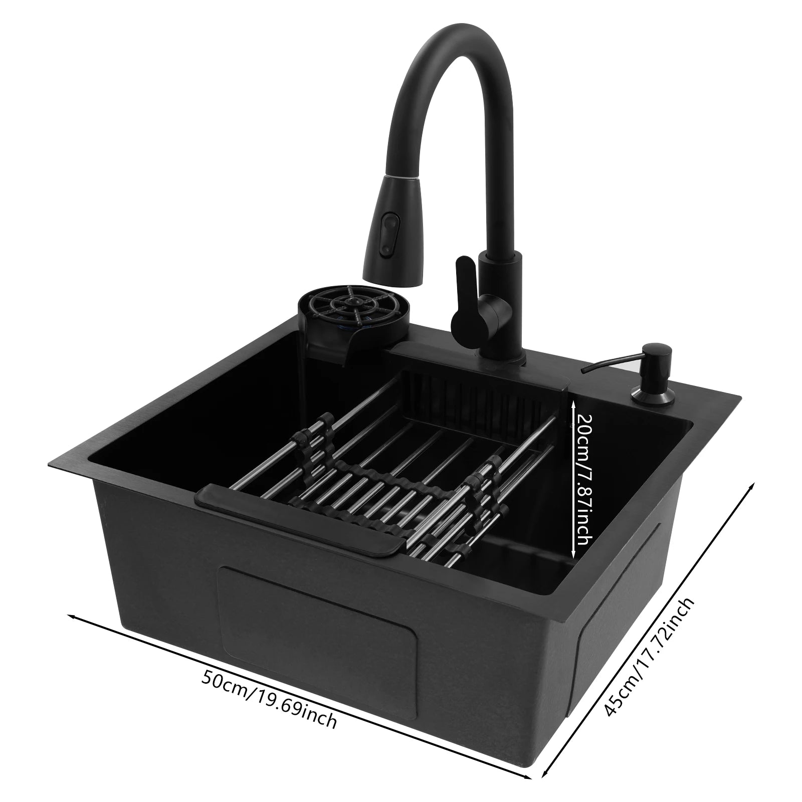 45x40cm Black Kitchen Sink Multi-functional with Pull-Out Faucet, Cup Rinser, Basket, Soap, Stainless Steel Single Bowl Pipe Set