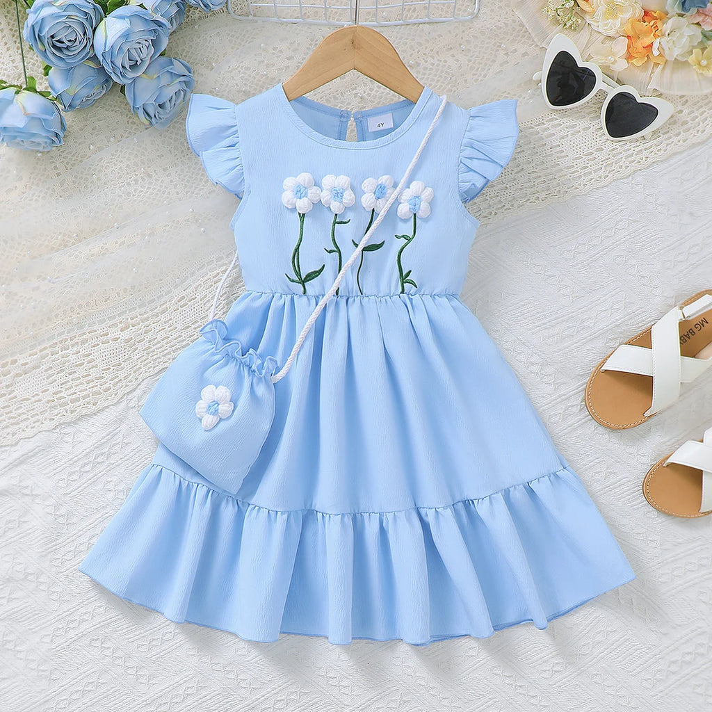 3PCS Fashion Girls 1-6 Years Old Summer Blue Sweet Sleeveless A-line Children's Dress 3D Wool Flower+Small Pocket Casual Dress