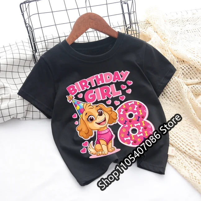 Paw Patrol Skye T-shirt Children Birthday Number Tee Top Girls Pink Clothes Cartoon Anime Short Sleeve Kids Loose Clothing Gift