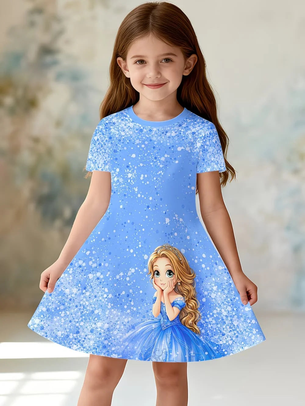 Girl's Princess Cartoon Print Dress Summer Casual Round Neck Short Sleeve Dress Outdoor Wear Elegant Party Dresses Girl Clothes