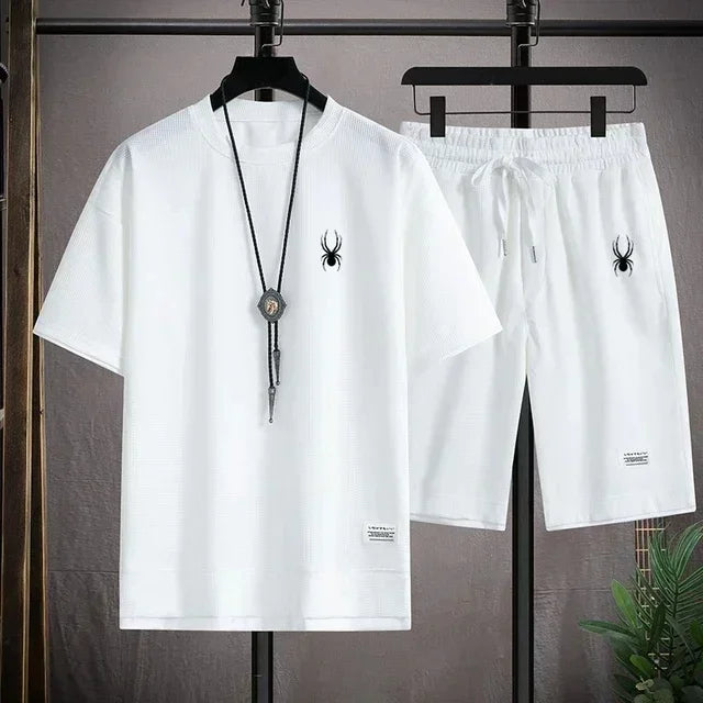 Men's Short Sleeve T Shirt Sports Shorts Set Casual Sportswear Korean Fashion Summer Breathable Gym Fitness Tracksuit 2 Piece Ou