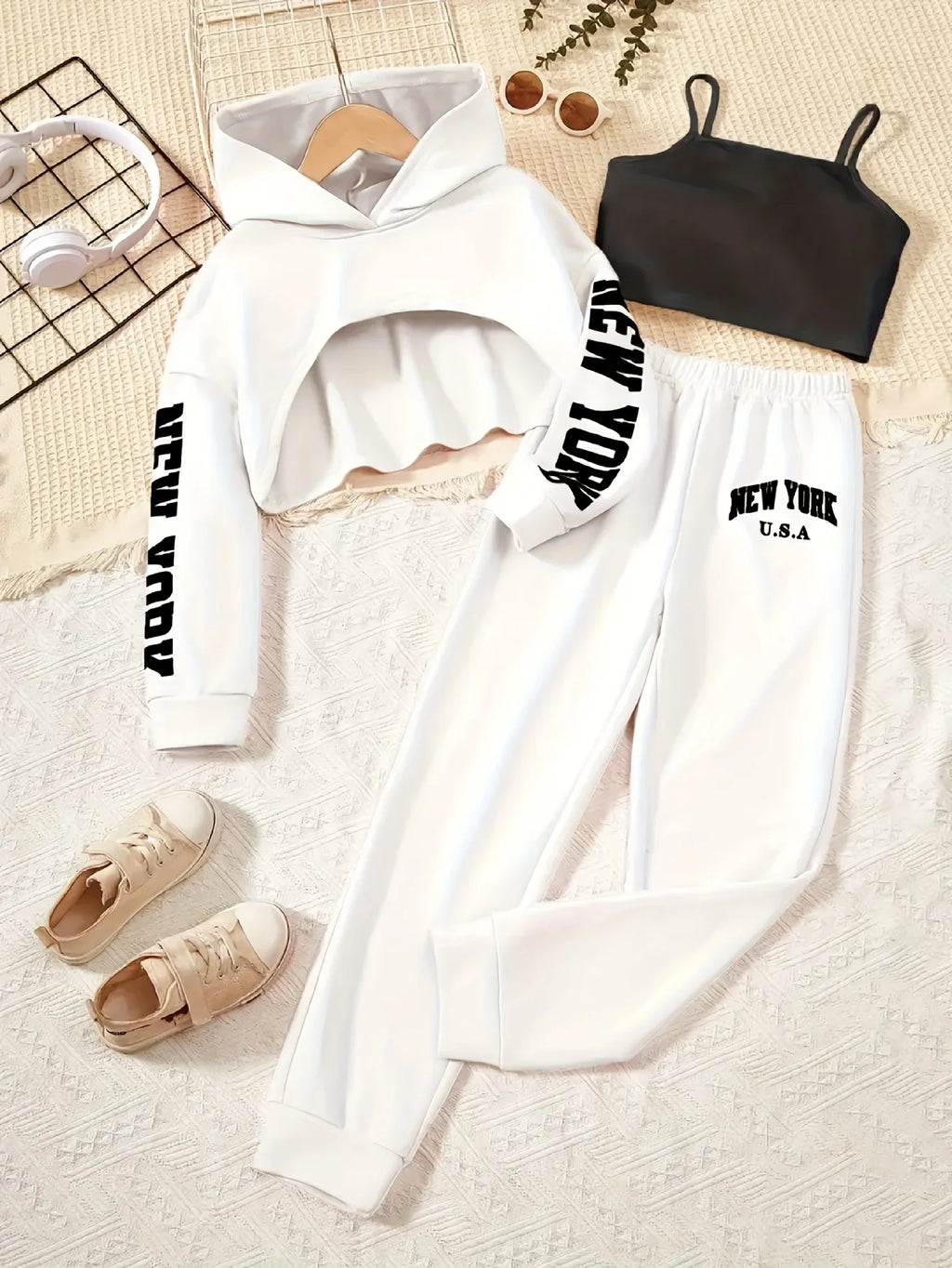Children's Clothing for Girls, Spring and Autumn Three-Piece Fashion Set: Short Hooded Sweatshirt & Camisole Top & Sweatpants with New York Lettering, Casual Long-Sleeve Outfit