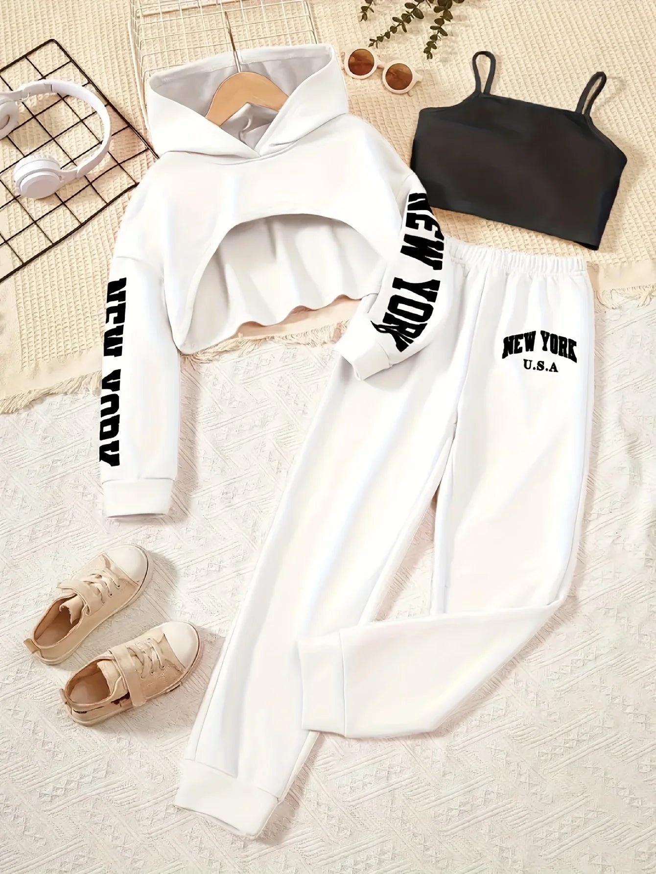 Children's Clothing for Girls, Spring and Autumn Three-Piece Fashion Set: Short Hooded Sweatshirt & Camisole Top & Sweatpants with New York Lettering, Casual Long-Sleeve Outfit