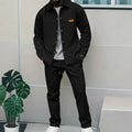 Spring and Autumn Men's High-Quality Waffle Pure Color Placket Pocket Jacket Set - A Stylish and Casual Two-Piece Outfit