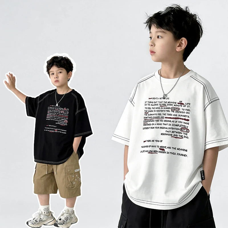 2026 Kids New Summer Short Sleeve Cotton T-shirt for Teens Boy Casual Tshirt with Letter Print Children Fashion Tee Tops 5-14 Y