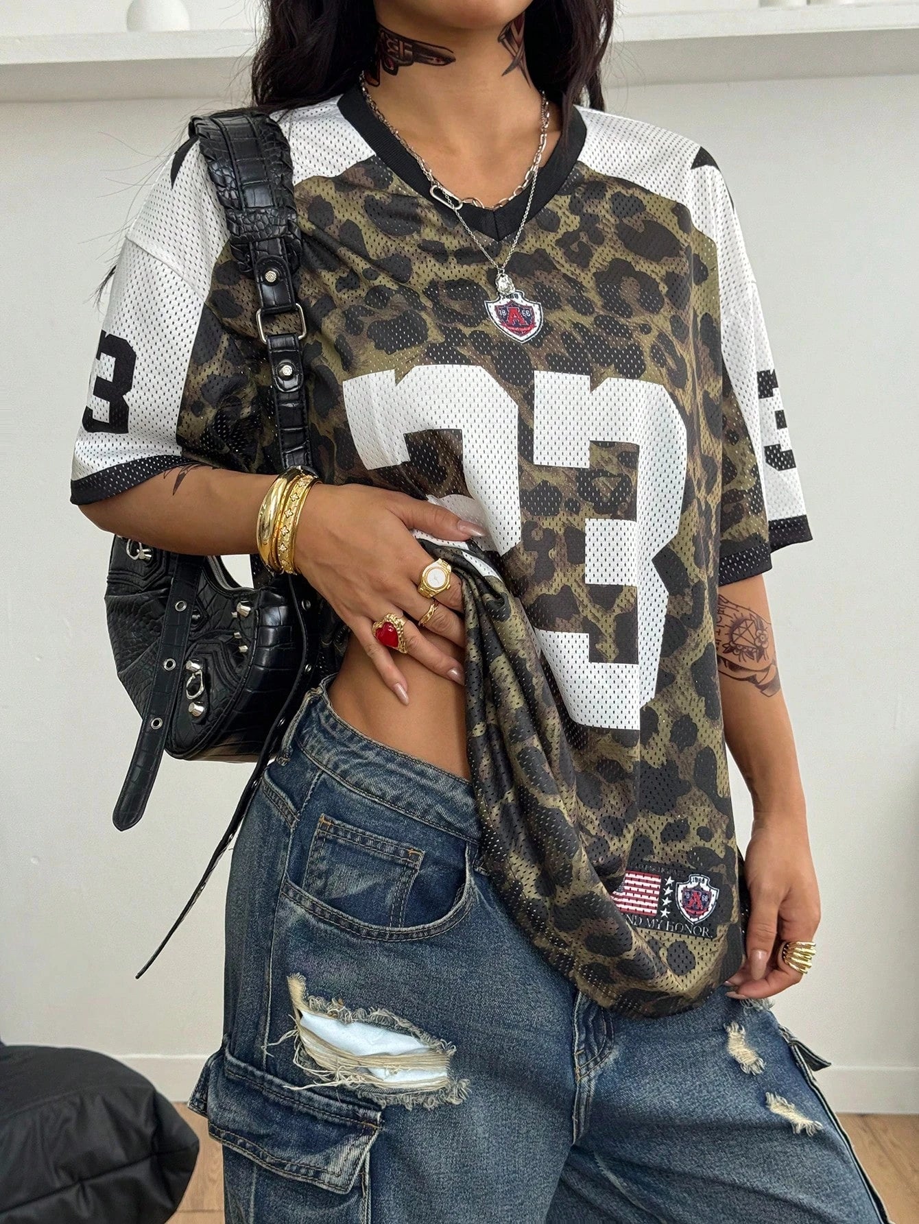 Women's Summer V Neck Short Sleeve T-shirt Leopard 23 Number Oversized Casual Streetwear Daily Sporty Urban Fashion Top